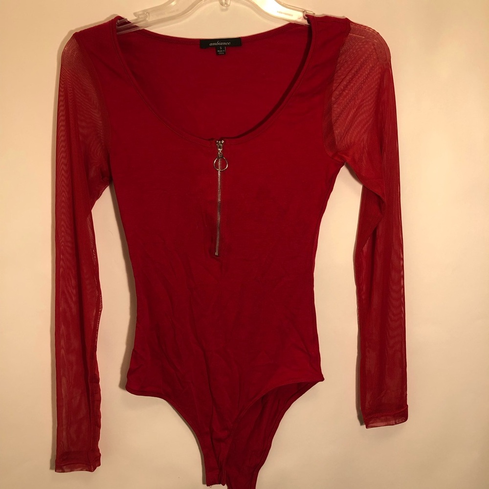 Ambiance red bodysuit with mesh sleeves size small